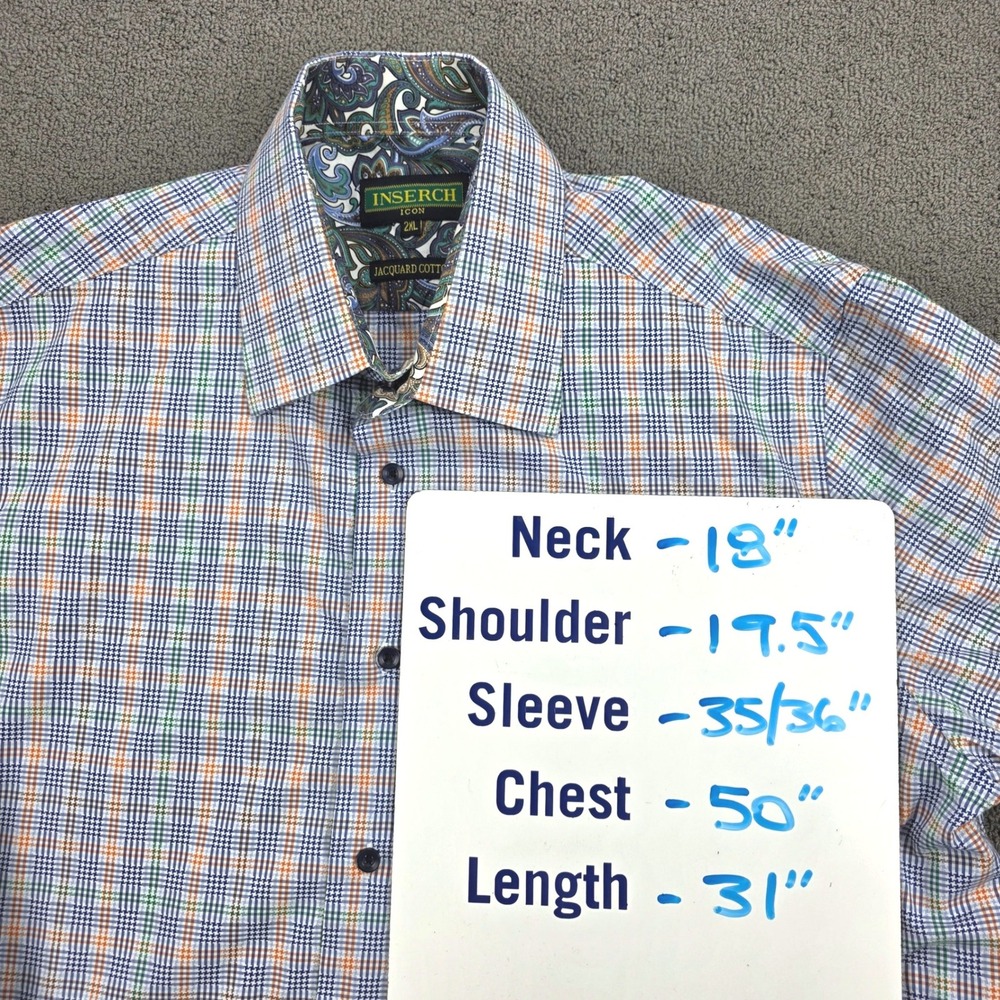 Inserch Icon Button Down Shirt‎ Mens Blue Orange Plaid Jacquard Cotton 2XL - Picture 8 of 8